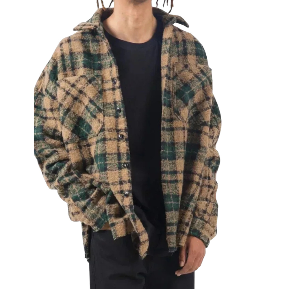 mnml Shacket Shirt Jacket M Men Plaid Loose Woven Flannel Brown Green Raw Hem